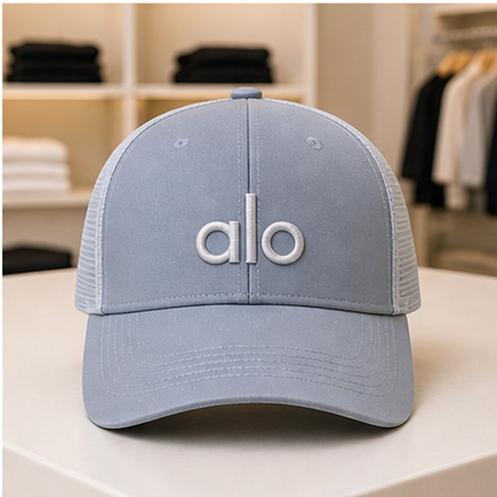 ALO Yoga Mist Blue Gray Studio Mesh Trucker Cap Hat NWT